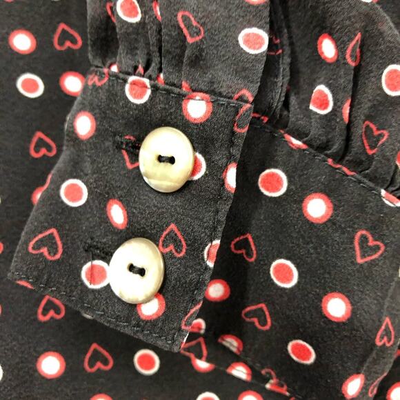 St John womens 2 black silk blouse red hearts print v neck tie bow career luxury - Picture 6 of 13